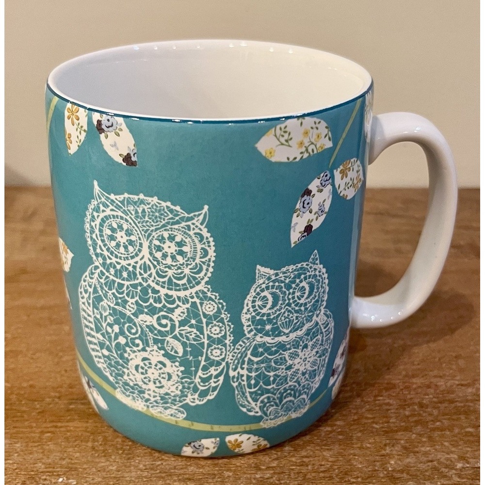 222 Fifth PTS Lacy Owls Mug Turquoise‎ Blue Fine China Coffee Cup Extra Large